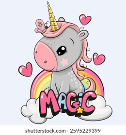 Cute Cartoon Unicorn with rainbow on a gray background