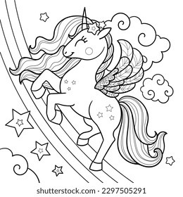 Cute cartoon unicorn with rainbow and stars. Black and white linear drawing. For children's design of coloring books, prints, posters, stickers, cards, puzzles and so on. Vector