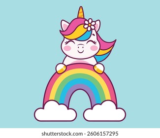 Cute cartoon unicorn and rainbow. Vector children's illustration.