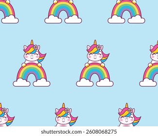Cute cartoon unicorn and rainbow. Vector children's pattern.