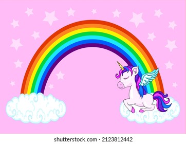 Cute Cartoon Unicorn and rainbow.Beautiful unicorn vector.Cute clouds and rainbow illustration.Print for t-shirt or sticker. Romantic hand drawing.birthday card 
