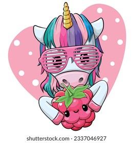 Cute Cartoon Unicorn with raspberry on a heart background