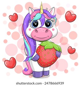 Cute cartoon unicorn with red strawberry. Vector illustration of animal on red background with hearts.