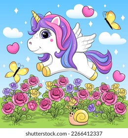 Cuta caricatura de unicornio en un jardín de rosas con mariposas y corazones. Ilustración vectorial de un animal sobre un fondo azul con nubes.