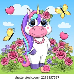 Cute cartoon unicorn in the rose garden. Vector illustration of a white animal in nature with flowers, hearts and butterflies.