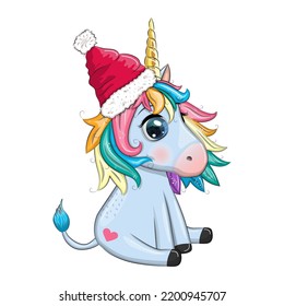 Cute cartoon unicorn in santa hat with gift, christmas ball, candy kane. New Year and Christmas holiday.