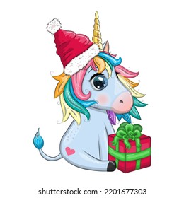 Cute cartoon unicorn in santa hat with gift, christmas ball, candy kane. New Year and Christmas holiday.