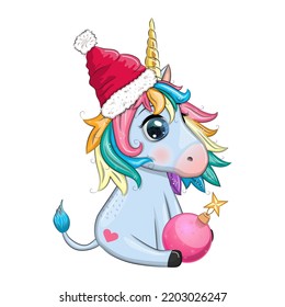 Cute cartoon unicorn in santa hat with gift, christmas ball, candy kane. New Year and Christmas holiday.