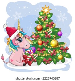 Cute cartoon unicorn in santa hat near christmas tree with gifts, balls. New Year and Christmas greeting card