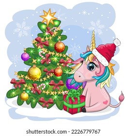 Cute cartoon unicorn in santa hat near christmas tree with gifts, balls. New Year and Christmas greeting card