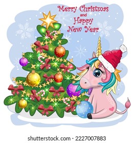 Cute cartoon unicorn in santa hat near christmas tree with gifts, balls. New Year and Christmas greeting card