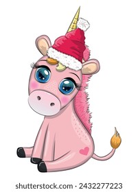 Cute cartoon unicorn in santa hat with gift, christmas ball, candy kane. New Year and Christmas holiday.