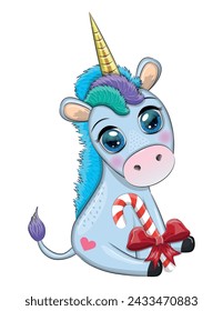 Cute cartoon unicorn in santa hat with gift, christmas ball, candy kane. New Year and Christmas holiday.