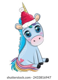 Cute cartoon unicorn in santa hat with gift, christmas ball, candy kane. New Year and Christmas holiday.