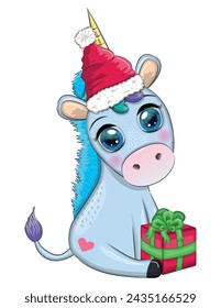 Cute cartoon unicorn in santa hat with gift, christmas ball, candy kane. New Year and Christmas holiday.