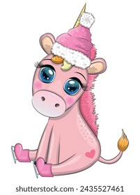 Cute cartoon unicorn in santa hat with gift, christmas ball, candy kane. New Year and Christmas holiday.