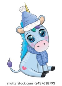 Cute cartoon unicorn in santa hat with gift, christmas ball, candy kane. New Year and Christmas holiday.