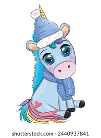 Cute cartoon unicorn in santa hat with gift, christmas ball, candy kane. New Year and Christmas holiday.