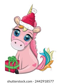 Cute cartoon unicorn in santa hat with gift, christmas ball, candy kane. New Year and Christmas holiday.