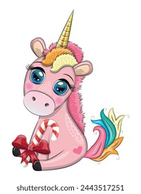 Nettes Cartoon Einhorn in Santa Hut mit Geschenk, Weihnachtsball, Süßigkeiten Kane. Neujahr und Weihnachtsfeiertag.