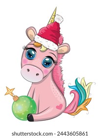 Cute cartoon unicorn in santa hat with gift, christmas ball, candy kane. New Year and Christmas holiday.