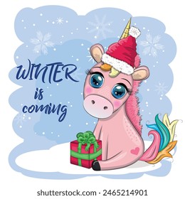 Cute cartoon unicorn in santa hat with gift, christmas ball, candy kane. New Year and Christmas holiday.