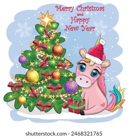 Cute cartoon unicorn in santa hat near christmas tree with gifts, balls. New Year and Christmas greeting card