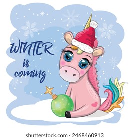 Cute cartoon unicorn in santa hat with gift, christmas ball, candy kane. New Year and Christmas holiday.