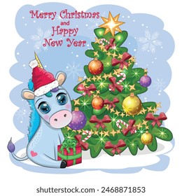 Cute cartoon unicorn in santa hat near christmas tree with gifts, balls. New Year and Christmas greeting card