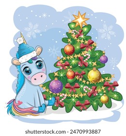 Nettes Cartoon Einhorn in Santa Hut in der Nähe von Weihnachtsbaum mit Geschenken, Kugeln. Neues Jahr und Weihnachtsmusiken Grußkarte