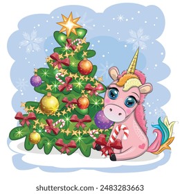 Cute cartoon unicorn in santa hat near christmas tree with gifts, balls. New Year and Christmas greeting card