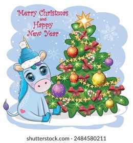 Cute cartoon unicorn in santa hat near christmas tree with gifts, balls. New Year and Christmas greeting card