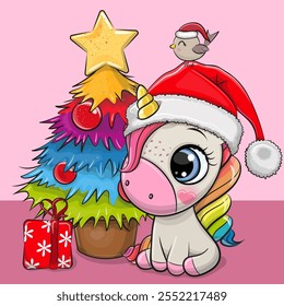 Cute Cartoon Unicorn in a Santa hat and Christmas tree on a pink background