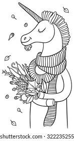 cute cartoon unicorn in a scarf with autumn bouquet of plants in hooves