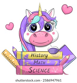 Cute cartoon unicorn with school books, pencils, notebook and  measuring ruler. Vector illustration of animal with two pink hearts on a white background.