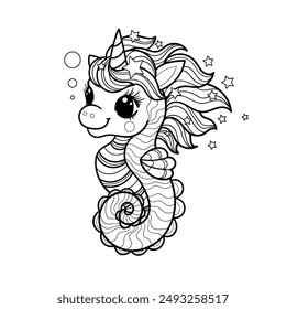Cute cartoon unicorn seahorse. Black and white linear drawing. Isolated on a white background. For children's design of coloring books, prints, posters, cards, stickers, puzzles, etc. Vector