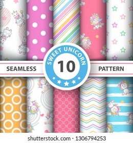 Cute cartoon unicorn - seamless pattern. Hand draw