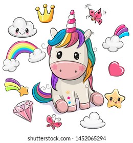 Cute Cartoon Unicorn And Set Of Cute Design Elements