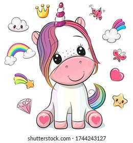 Cute Cartoon Unicorn and set of cute design elements