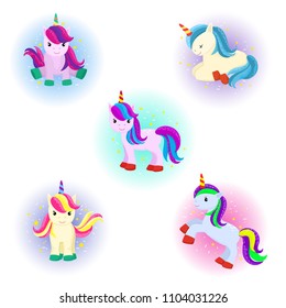 Cute cartoon unicorn set vector illustration
