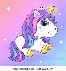 Cute cartoon unicorn with a shiny horn. Vector illustration of an animal on a colorful background.