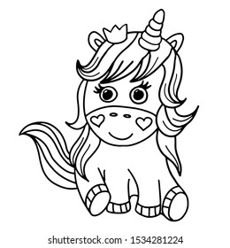 Cute cartoon unicorn silhouette with a crown for coloring