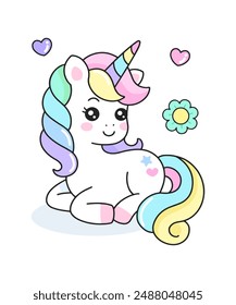 Cute cartoon unicorn sit down with flowers vector illustration