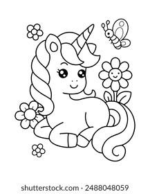 Cute cartoon unicorn sit down with flowers and butterfly coloring page vector illustration