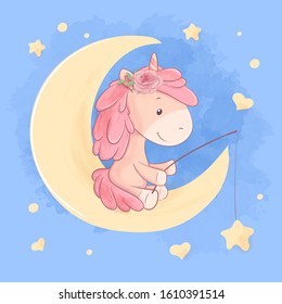 Cute cartoon unicorn sits on the moon and catches the stars, watercolor vector