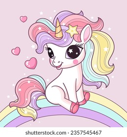 A cute cartoon unicorn sits on a rainbow. Magic theme. For children's print design of posters, cards, stickers, puzzles and so on.Vector illustration