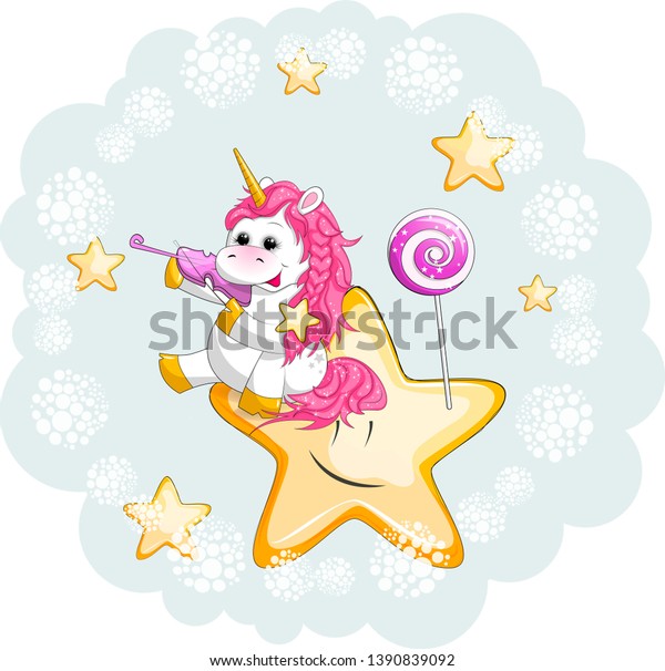 Cute Cartoon Unicorn Sits On Star Stock Vector Royalty Free - 