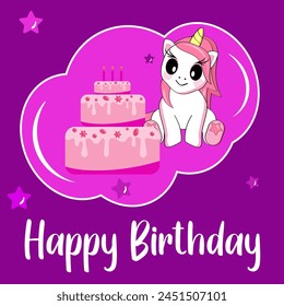 Cute cartoon unicorn sitting with a big cake. Bright ready-made birthday card. Vector image.