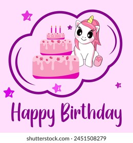 Cute cartoon unicorn sitting with a big cake. Ready birthday card. Vector image.