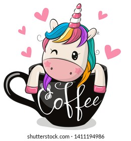 Cute Cartoon Unicorn is sitting in a Cup of coffee